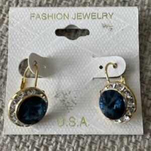 Pierced earrings-Large blue stones surrounded by clear sparkling rhinestones